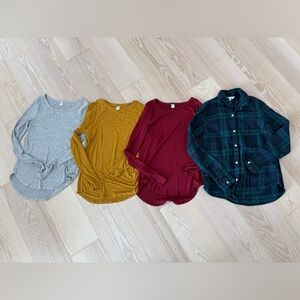 Old Navy Long Sleeve Tees and Plalid Button-Up - Gray, Mustard, Burgundy, Green